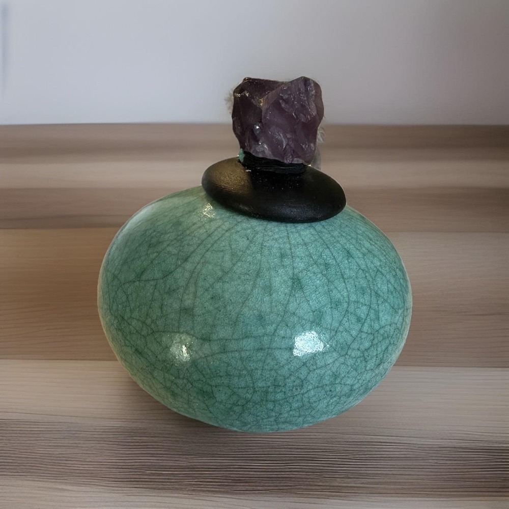 RAKU POTTERY ART TURQUOISE CRACKLE AMATHYST LID DREAM JAR 2.5" SIGNED J DILLER 2